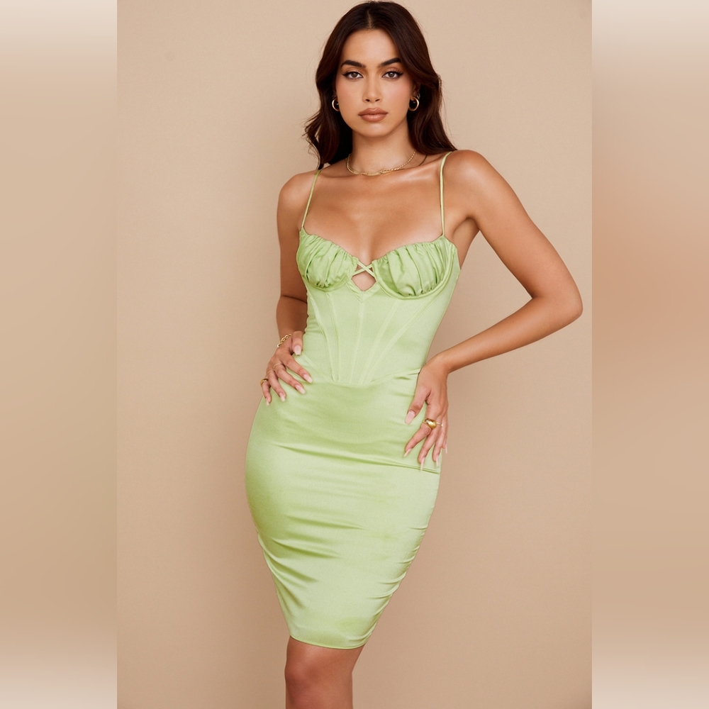 House of CB Nathalia Pistachio Satin Midi Dress (Size XS)